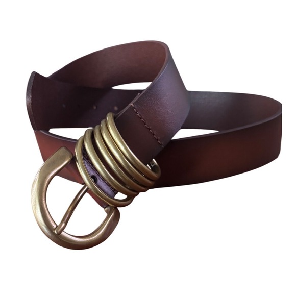 Anthropologie Brown Leather Multi Ring Keeper Belt Brass Buckle Size S EUC - Picture 2 of 10